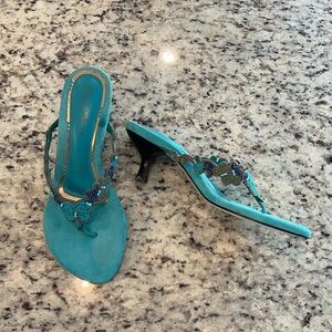 SOLD Turquoise Beaded Kitten Heel Thong Sandals